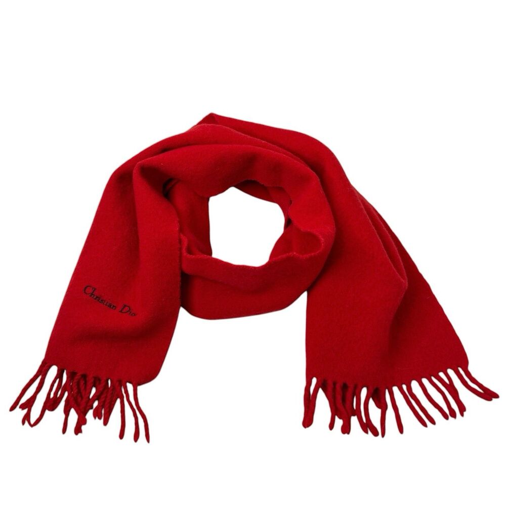 Vintage Christian Dior Lambswool Scarf Red Solid Fringe Made in Great Britain